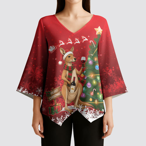 Australia Christmas In July Kimono Sleeve Blouse Kangaroo Santa With Aussie Wine
