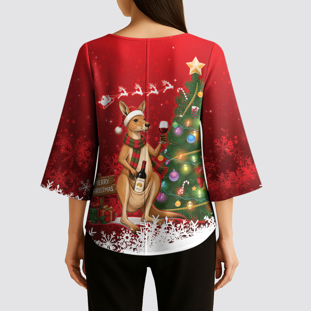 Australia Christmas In July Kimono Sleeve Blouse Kangaroo Santa With Aussie Wine