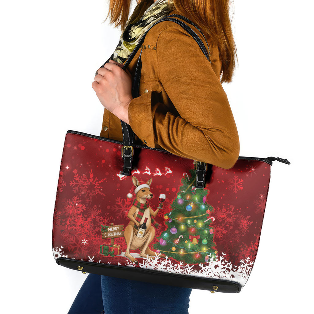 Australia Christmas In July Leather Tote Bag Kangaroo Santa With Aussie Wine