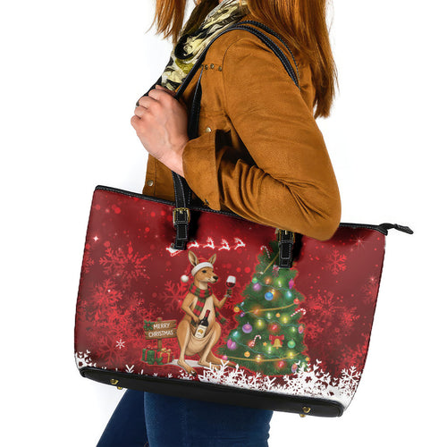 Australia Christmas In July Leather Tote Bag Kangaroo Santa With Aussie Wine