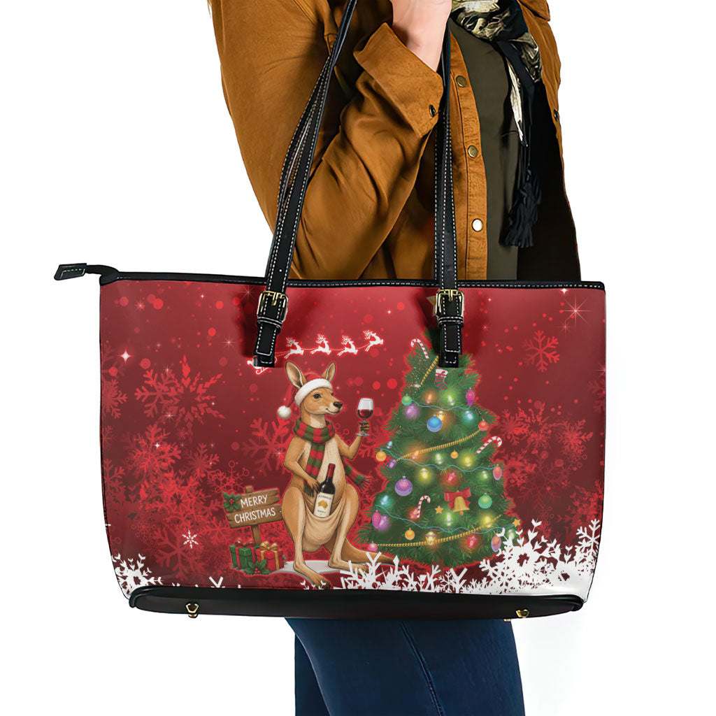 Australia Christmas In July Leather Tote Bag Kangaroo Santa With Aussie Wine
