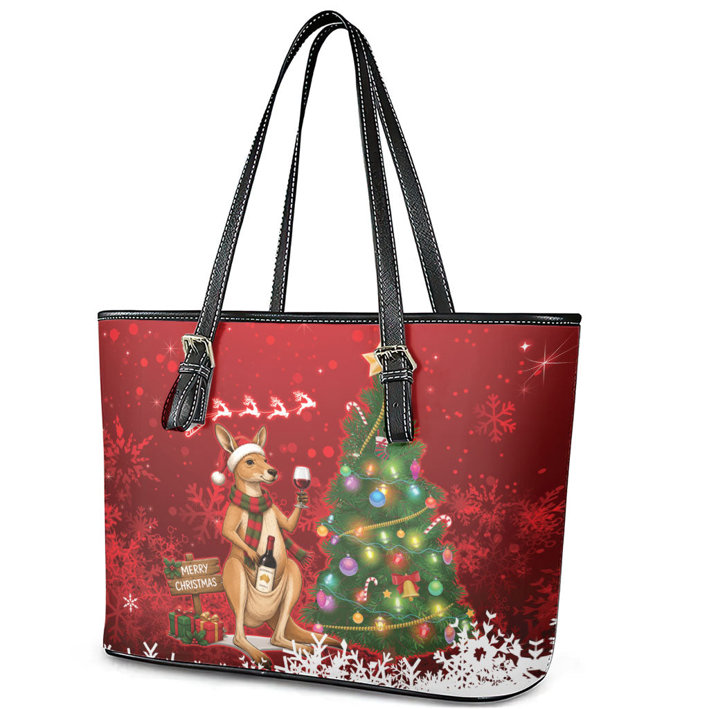 Australia Christmas In July Leather Tote Bag Kangaroo Santa With Aussie Wine