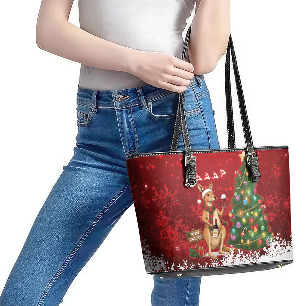 Australia Christmas In July Leather Tote Bag Kangaroo Santa With Aussie Wine