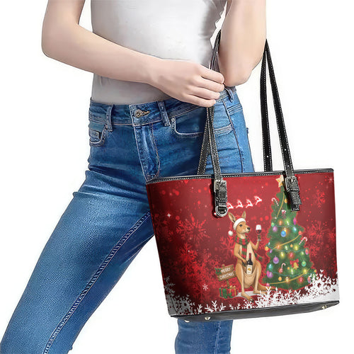 Australia Christmas In July Leather Tote Bag Kangaroo Santa With Aussie Wine
