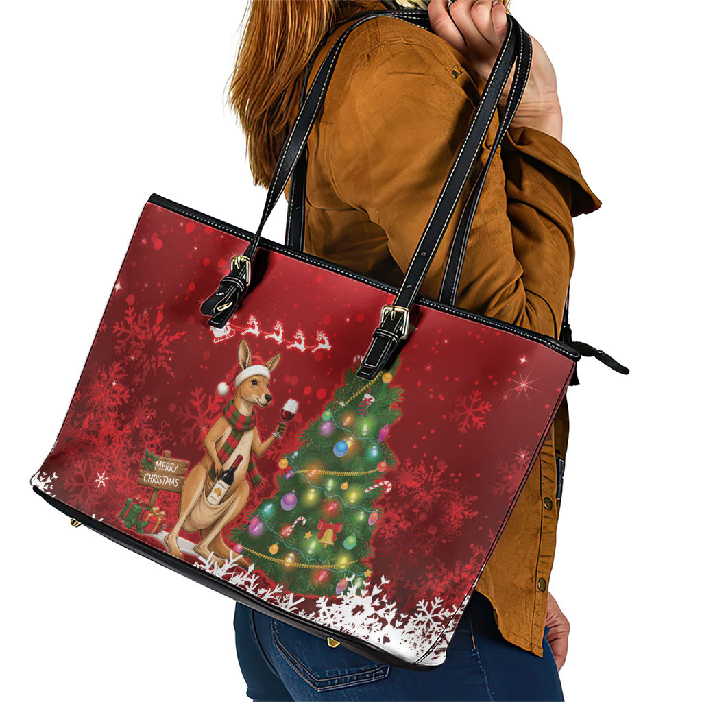 Australia Christmas In July Leather Tote Bag Kangaroo Santa With Aussie Wine