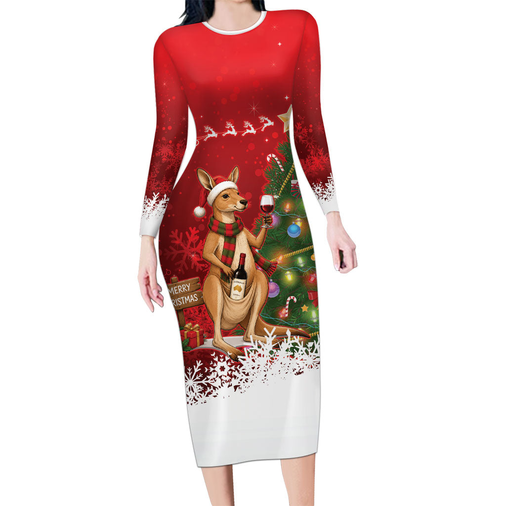 Australia Christmas In July Long Sleeve Bodycon Dress Kangaroo Santa With Aussie Wine