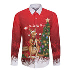 Australia Christmas In July Long Sleeve Button Shirt Kangaroo Santa With Aussie Wine