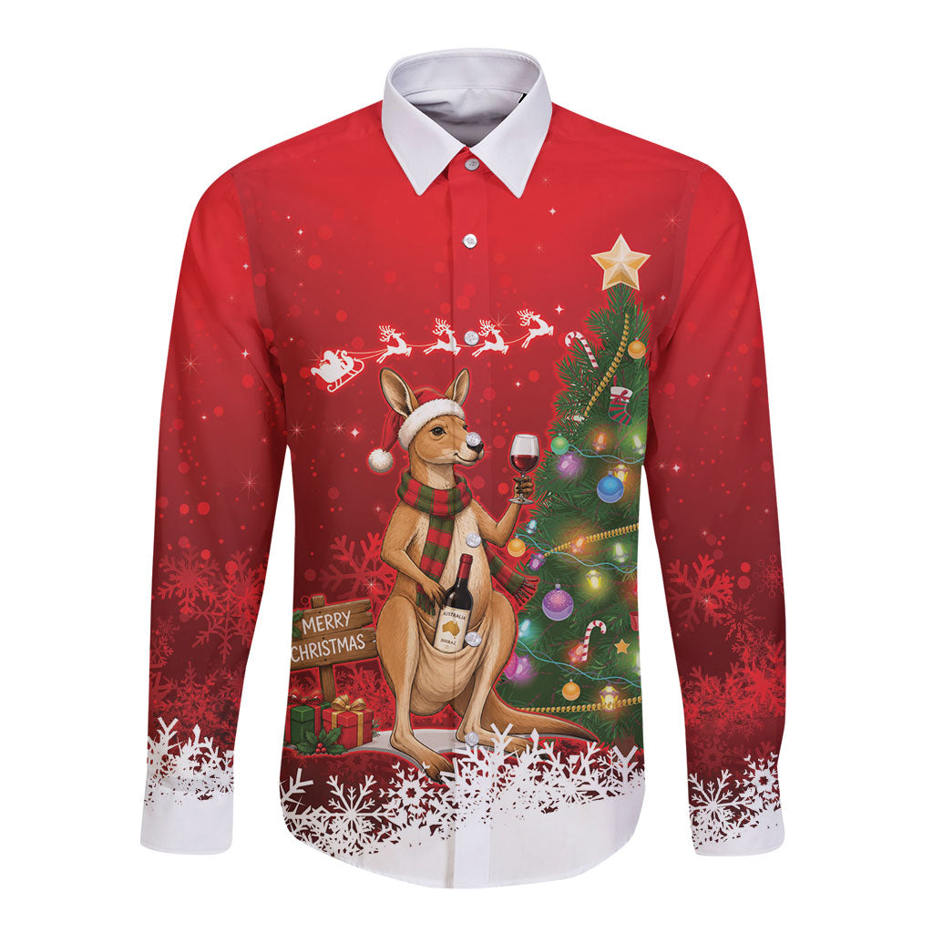 Australia Christmas In July Long Sleeve Button Shirt Kangaroo Santa With Aussie Wine
