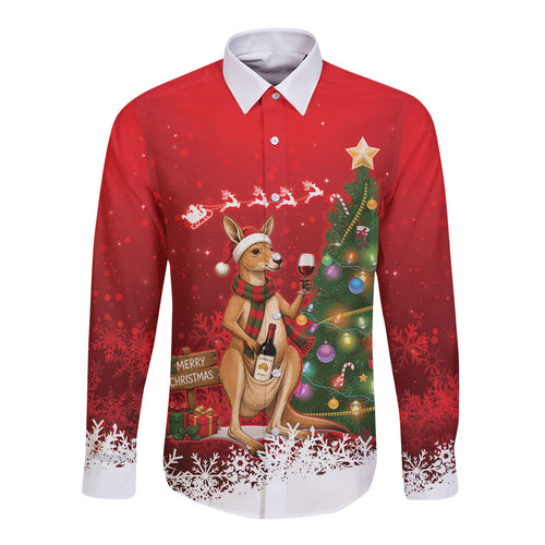 Australia Christmas In July Long Sleeve Button Shirt Kangaroo Santa With Aussie Wine