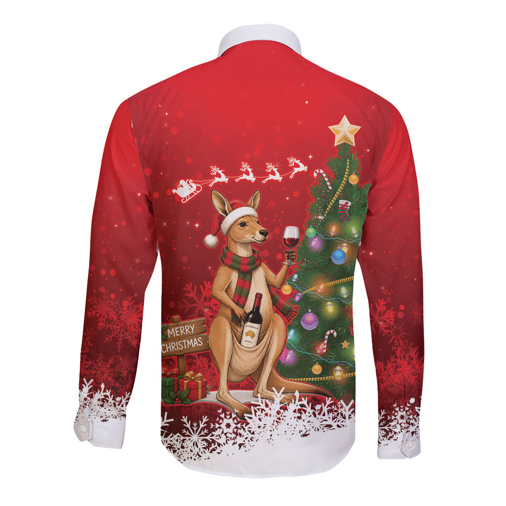 Australia Christmas In July Long Sleeve Button Shirt Kangaroo Santa With Aussie Wine