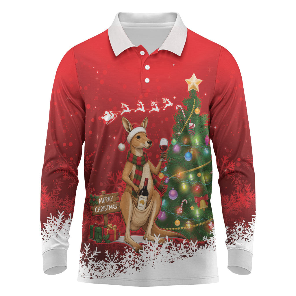 Australia Christmas In July Long Sleeve Polo Shirt Kangaroo Santa With Aussie Wine