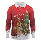 Australia Christmas In July Long Sleeve Polo Shirt Kangaroo Santa With Aussie Wine