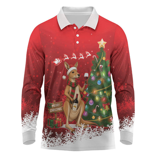 Australia Christmas In July Long Sleeve Polo Shirt Kangaroo Santa With Aussie Wine