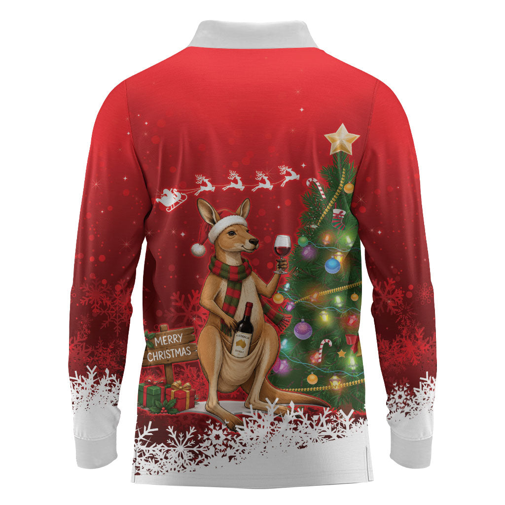 Australia Christmas In July Long Sleeve Polo Shirt Kangaroo Santa With Aussie Wine