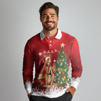 Australia Christmas In July Long Sleeve Polo Shirt Kangaroo Santa With Aussie Wine