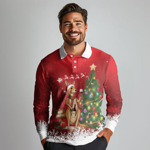 Australia Christmas In July Long Sleeve Polo Shirt Kangaroo Santa With Aussie Wine
