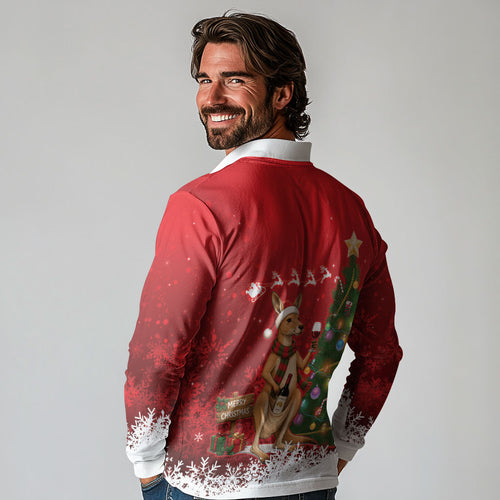 Australia Christmas In July Long Sleeve Polo Shirt Kangaroo Santa With Aussie Wine