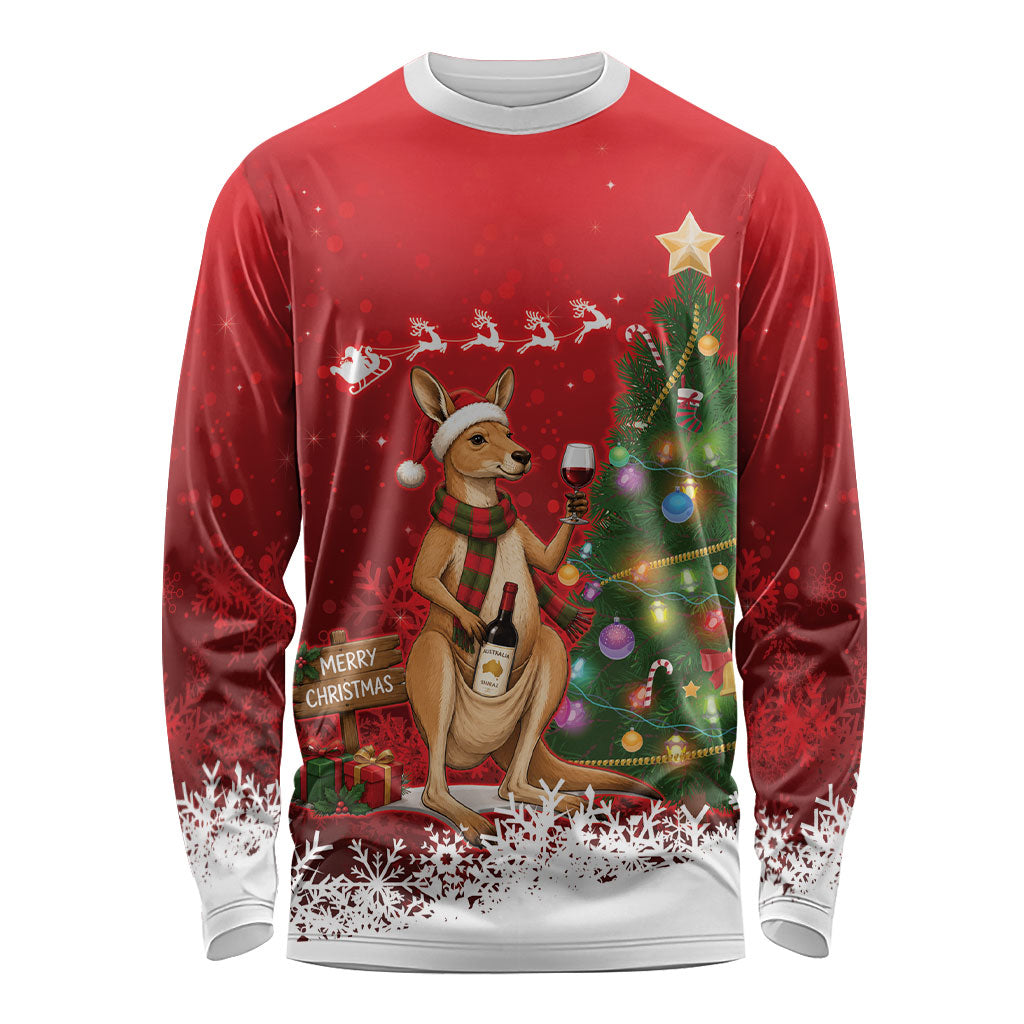 Australia Christmas In July Long Sleeve Shirt Kangaroo Santa With Aussie Wine