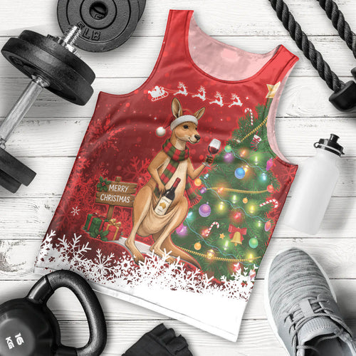 Australia Christmas In July Men Tank Top Kangaroo Santa With Aussie Wine
