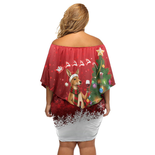 Australia Christmas In July Off Shoulder Short Dress Kangaroo Santa With Aussie Wine