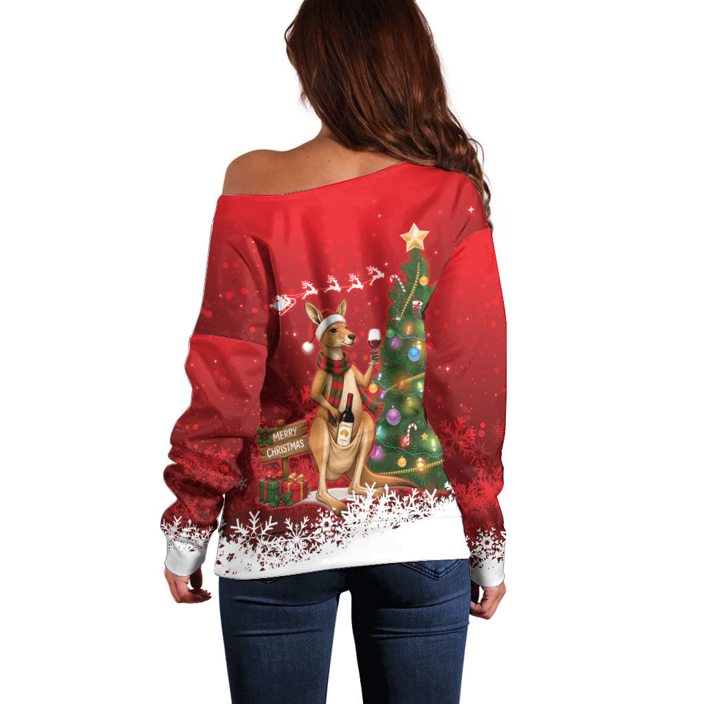 Australia Christmas In July Off Shoulder Sweater Kangaroo Santa With Aussie Wine