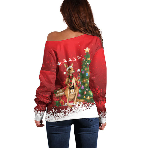 Australia Christmas In July Off Shoulder Sweater Kangaroo Santa With Aussie Wine