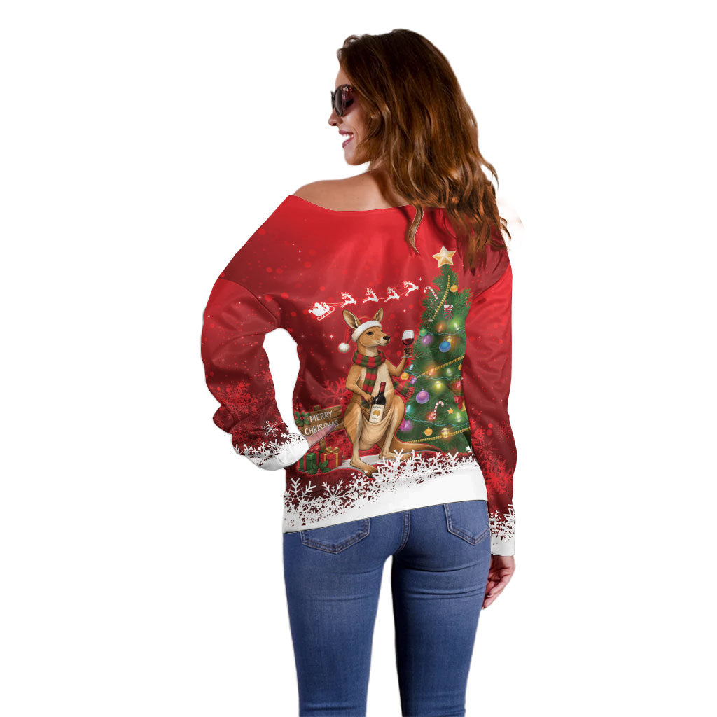 Australia Christmas In July Off Shoulder Sweater Kangaroo Santa With Aussie Wine