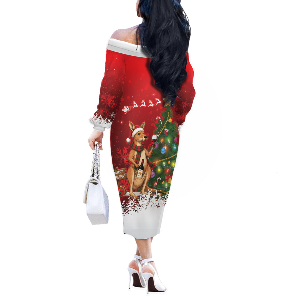 Australia Christmas In July Off The Shoulder Long Sleeve Dress Kangaroo Santa With Aussie Wine