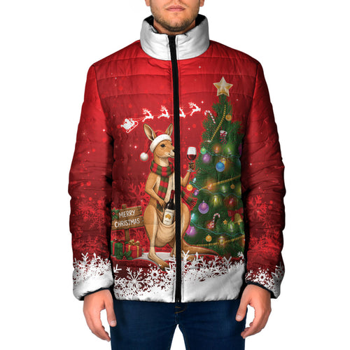 Australia Christmas In July Padded Jacket Kangaroo Santa With Aussie Wine