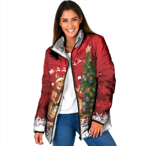 Australia Christmas In July Padded Jacket Kangaroo Santa With Aussie Wine