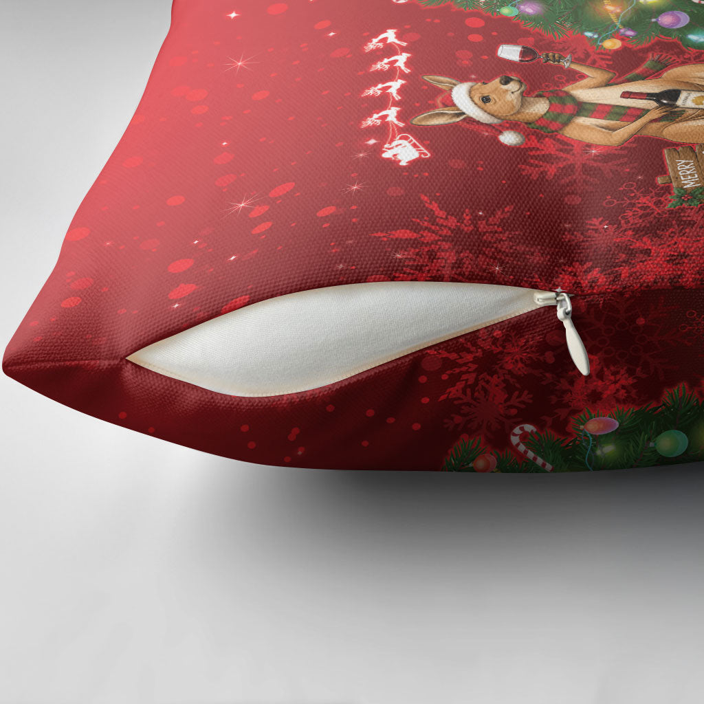 Australia Christmas In July Pillow Cover Kangaroo Santa With Aussie Wine