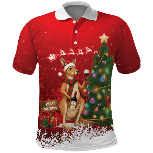 Australia Christmas In July Polo Shirt Kangaroo Santa With Aussie Wine