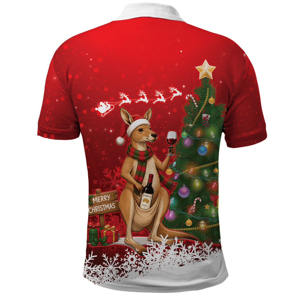 Australia Christmas In July Polo Shirt Kangaroo Santa With Aussie Wine