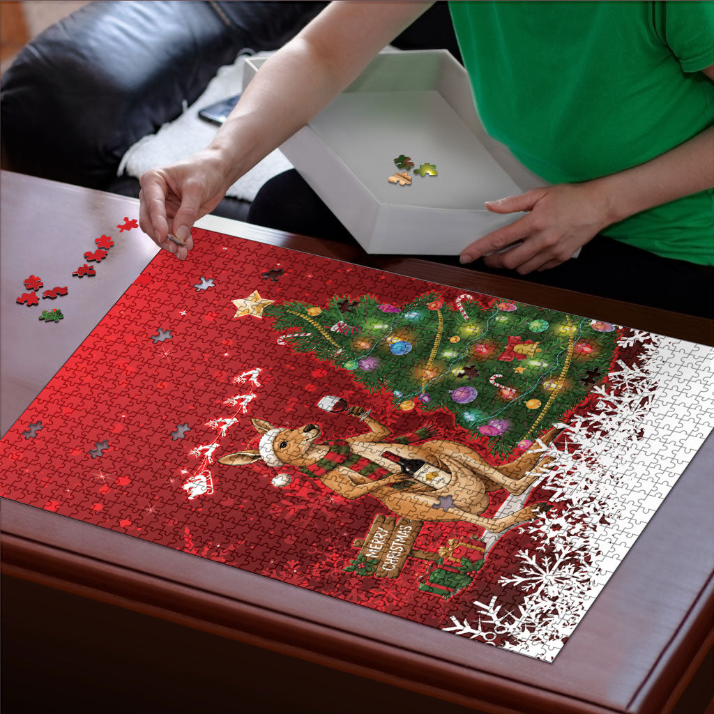 Australia Christmas In July Puzzle Kangaroo Santa With Aussie Wine