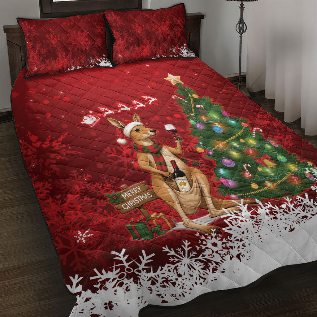 Australia Christmas In July Quilt Bed Set Kangaroo Santa With Aussie Wine