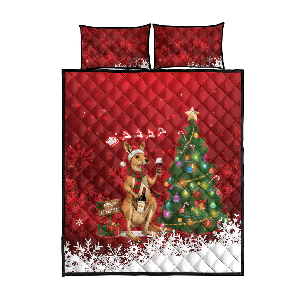 Australia Christmas In July Quilt Bed Set Kangaroo Santa With Aussie Wine