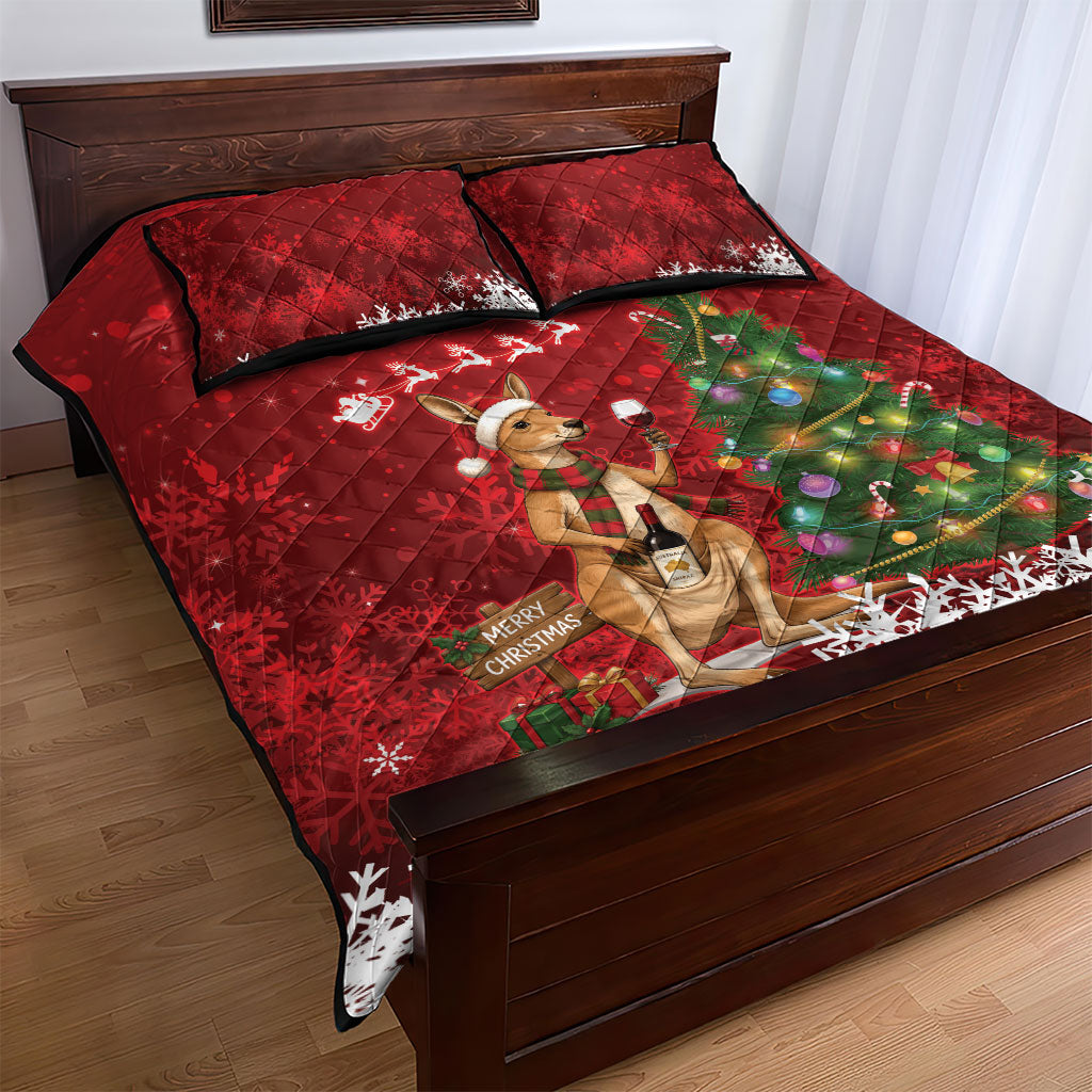 Australia Christmas In July Quilt Bed Set Kangaroo Santa With Aussie Wine