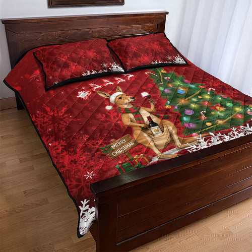 Australia Christmas In July Quilt Bed Set Kangaroo Santa With Aussie Wine