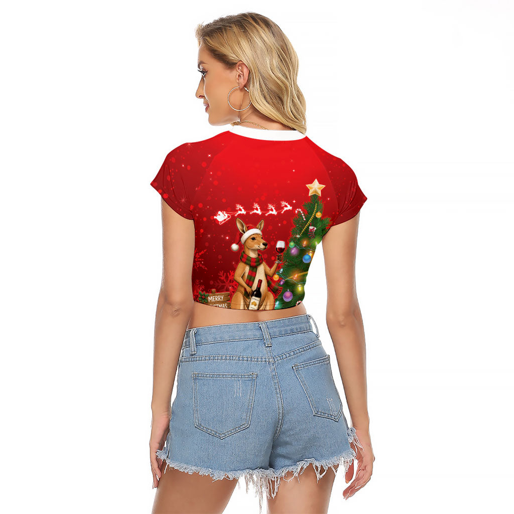 Australia Christmas In July Raglan Cropped T Shirt Kangaroo Santa With Aussie Wine