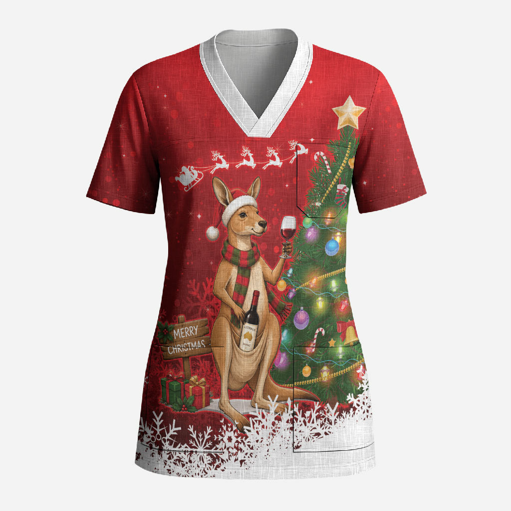 Australia Christmas In July Scrub Top Kangaroo Santa With Aussie Wine