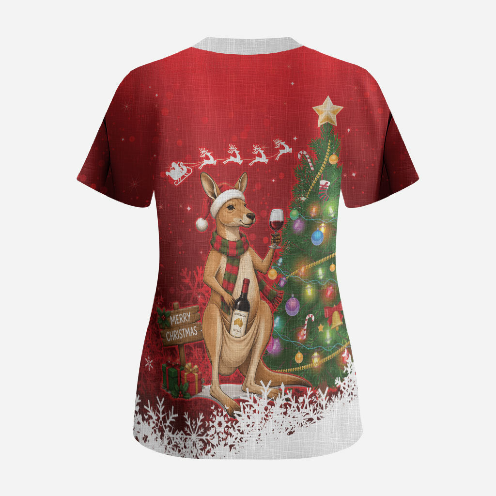 Australia Christmas In July Scrub Top Kangaroo Santa With Aussie Wine
