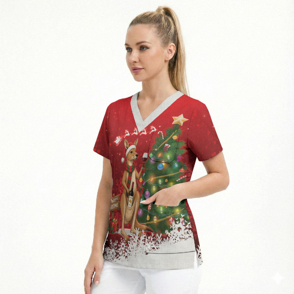 Australia Christmas In July Scrub Top Kangaroo Santa With Aussie Wine