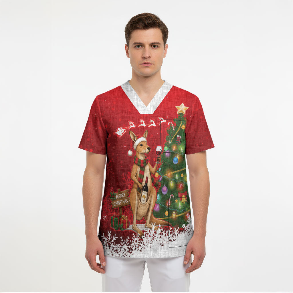 Australia Christmas In July Scrub Top Kangaroo Santa With Aussie Wine