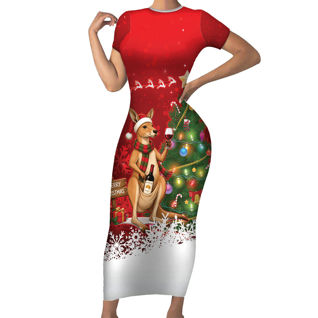 Australia Christmas In July Short Sleeve Bodycon Dress Kangaroo Santa With Aussie Wine