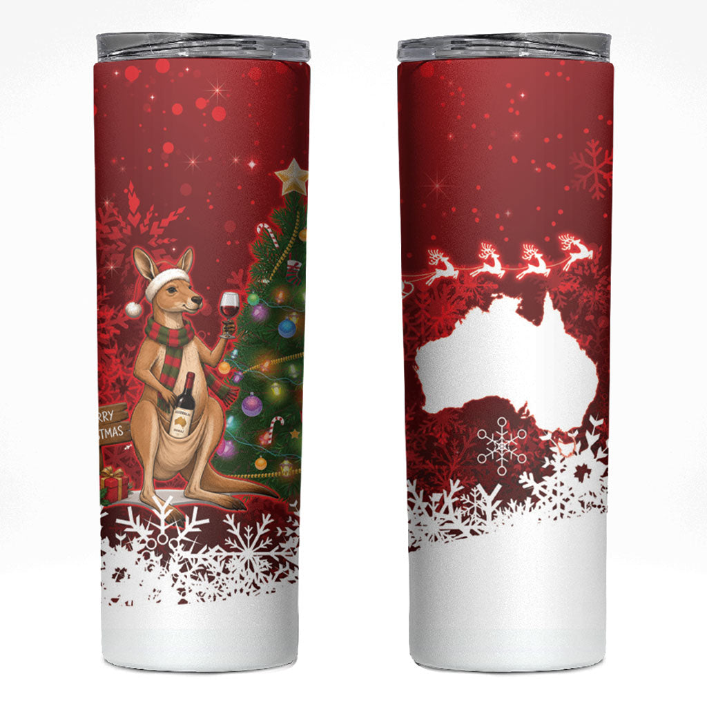 Australia Christmas In July Skinny Tumbler Kangaroo Santa With Aussie Wine