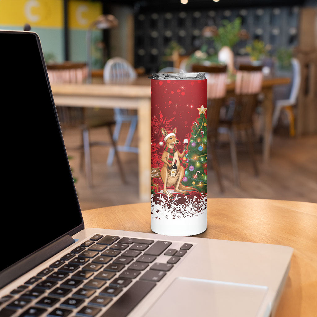 Australia Christmas In July Skinny Tumbler Kangaroo Santa With Aussie Wine