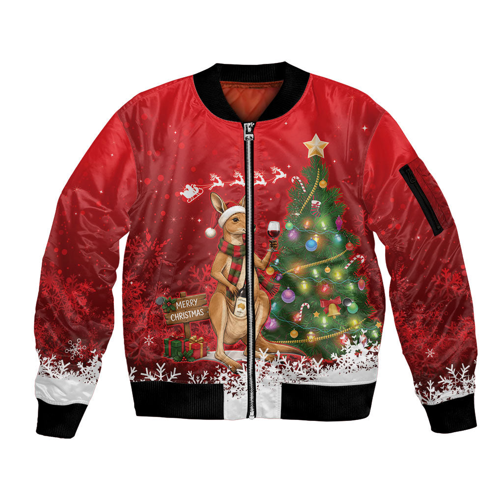 Australia Christmas In July Sleeve Zip Bomber Jacket Kangaroo Santa With Aussie Wine