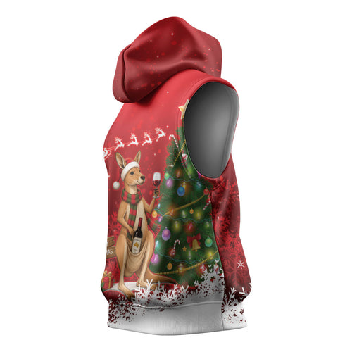 Australia Christmas In July Sleeveless Hoodie Kangaroo Santa With Aussie Wine