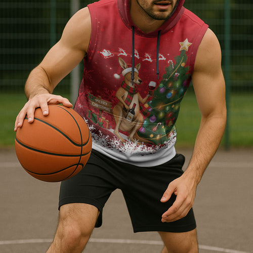Australia Christmas In July Sleeveless Hoodie Kangaroo Santa With Aussie Wine