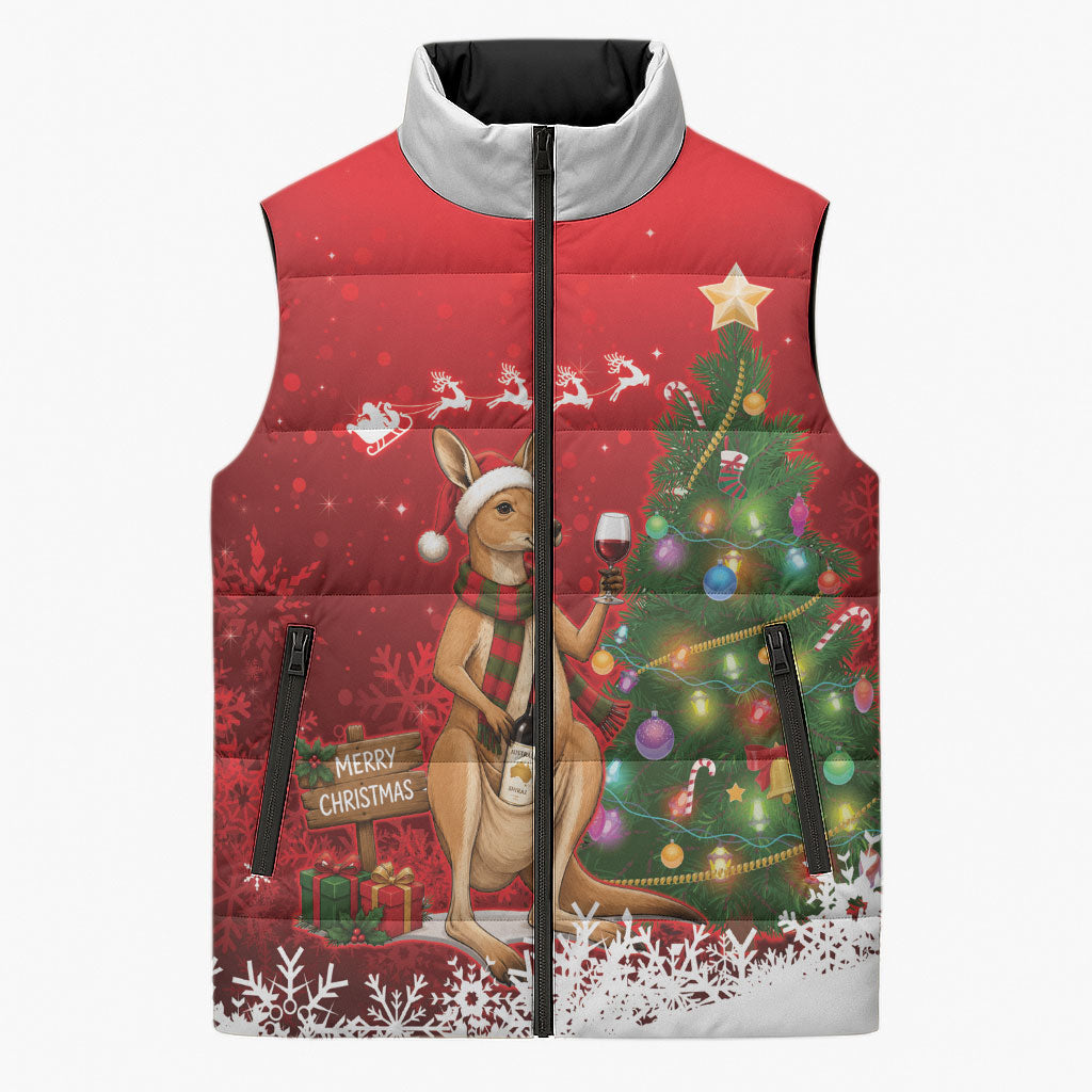 Australia Christmas In July Sleeveless Puffer Jacket Kangaroo Santa With Aussie Wine